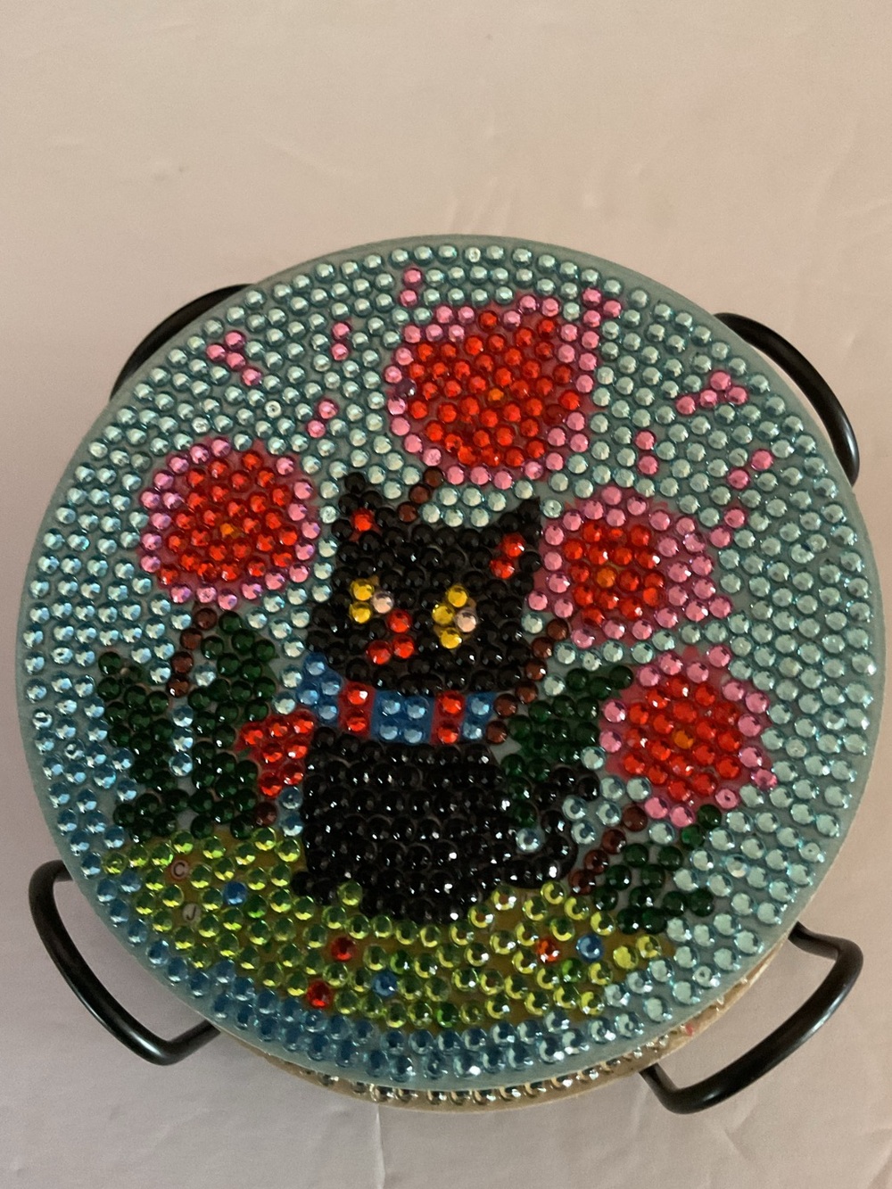 Set of 6 w/ holder Handmade diamond art Cat Coaster Set in Multicolor.